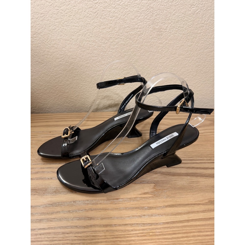 Steve Madden Zaloma Black Patent Wedge Sandals Gold Buckle Ankle Strap Size 9M